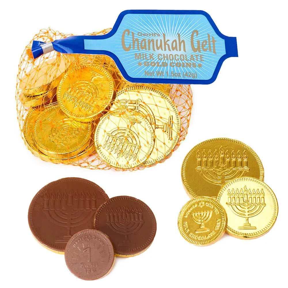 Chanukah Gelt Milk Chocolate Gold Coins in Mesh Bags: 18-Piece Box