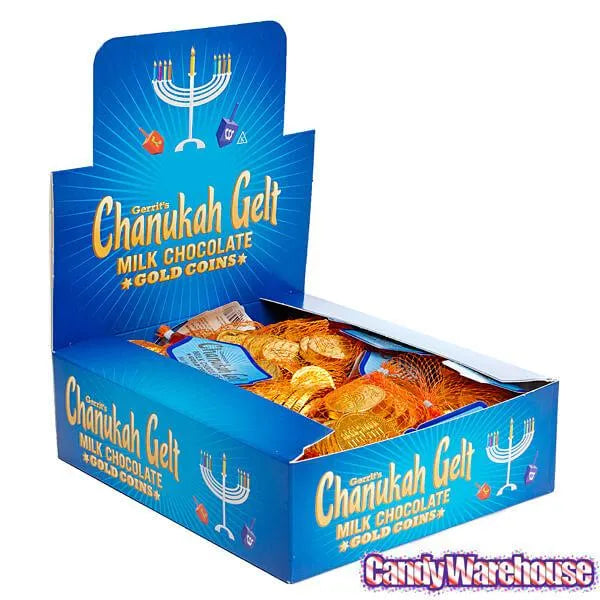 Chanukah Gelt Milk Chocolate Gold Coins in Mesh Bags: 18-Piece Box