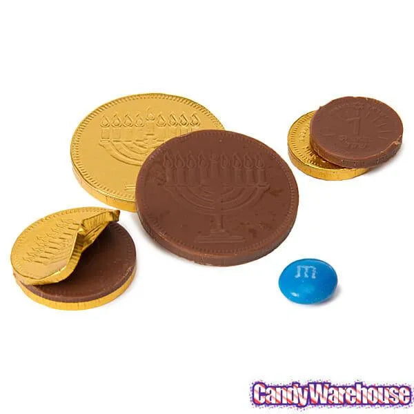 Chanukah Gelt Milk Chocolate Gold Coins in Mesh Bags: 18-Piece Box