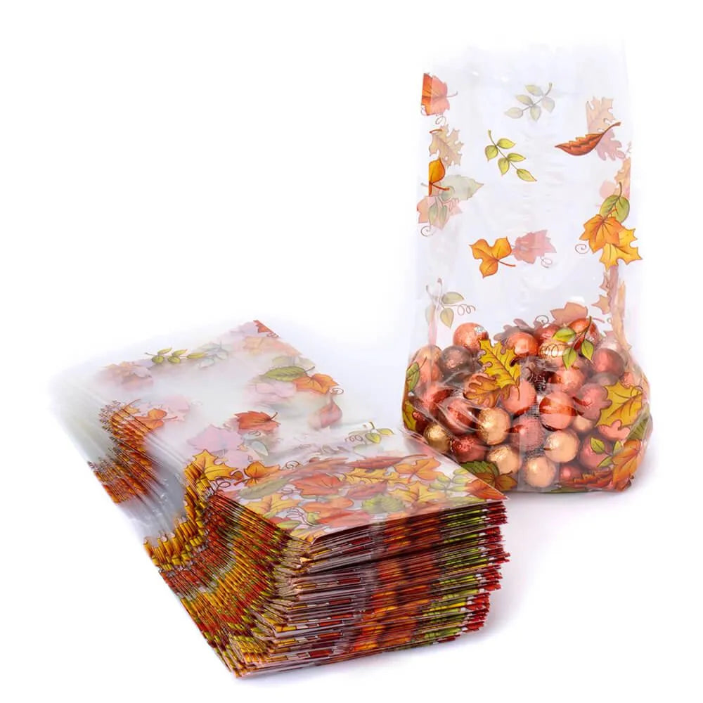 Clear Cello Candy Bags with Autumn Leaves: 100-Piece Box