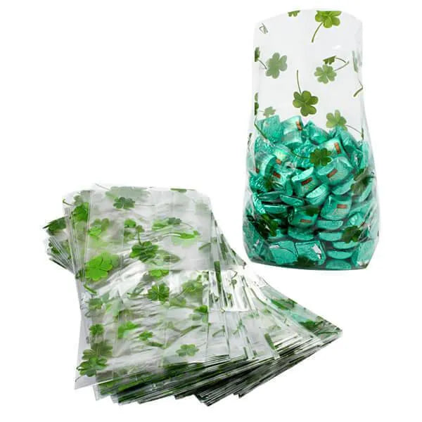 Clear Cello Candy Bags with St Patrick's Day Clovers: 100-Piece Box