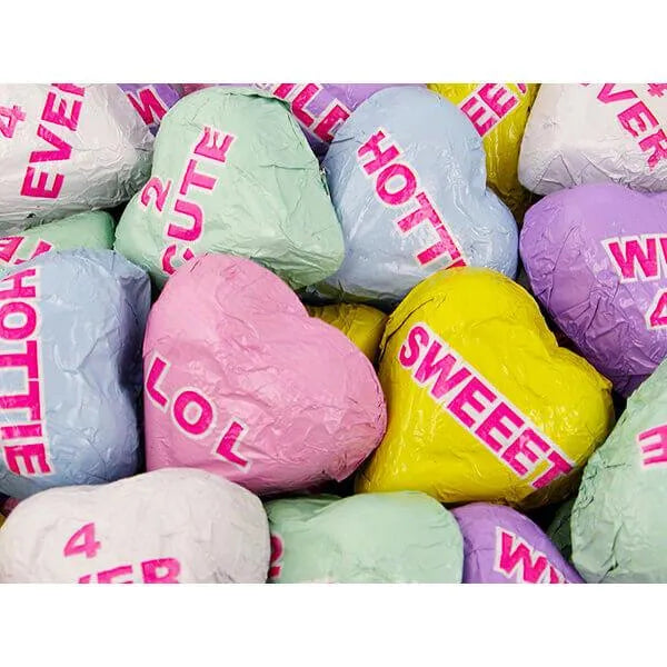 Foiled Conversation Milk Chocolate Candy Hearts: 4LB Bag