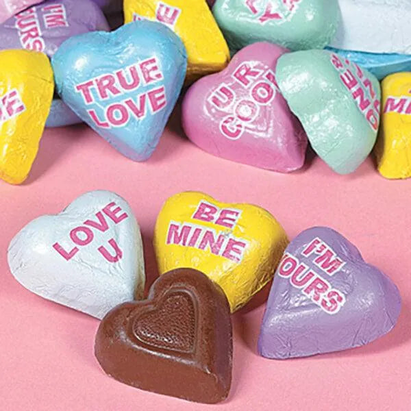 Foiled Conversation Milk Chocolate Candy Hearts: 4LB Bag