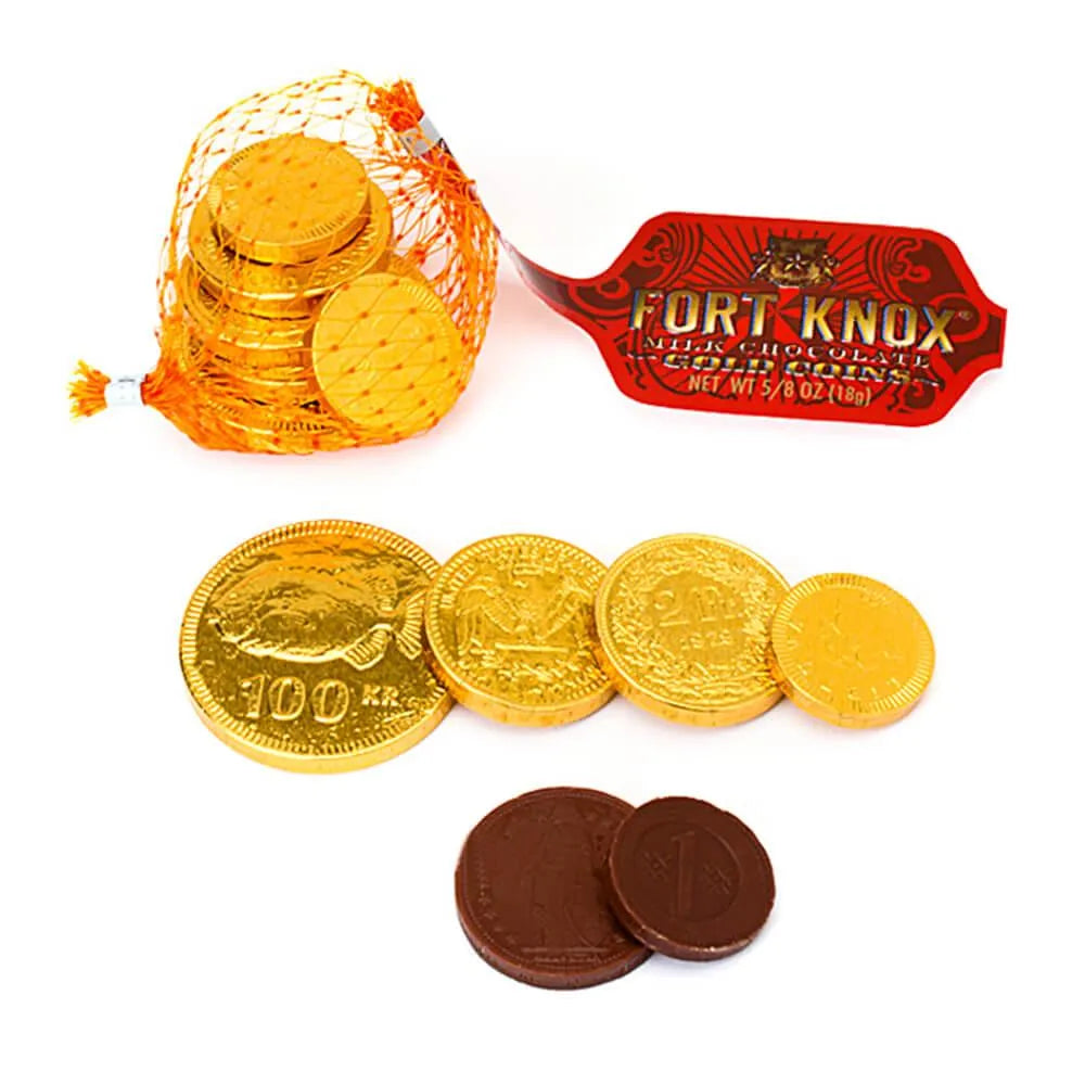 Fort Knox Gold Foiled Milk Chocolate Coins in Mesh Bags: 12-Piece Box