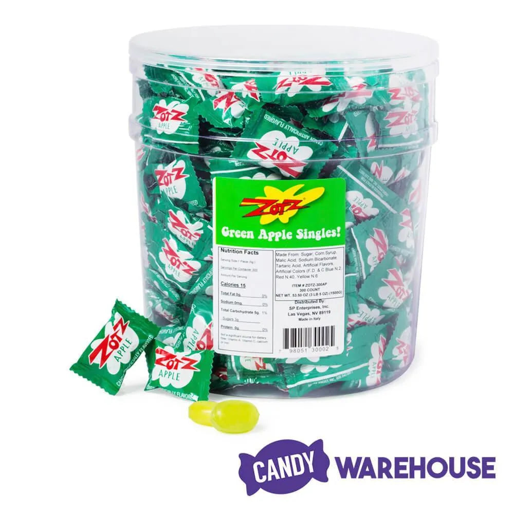 Green Apple Zotz Sour Fizz Candy: 300-Piece Tub