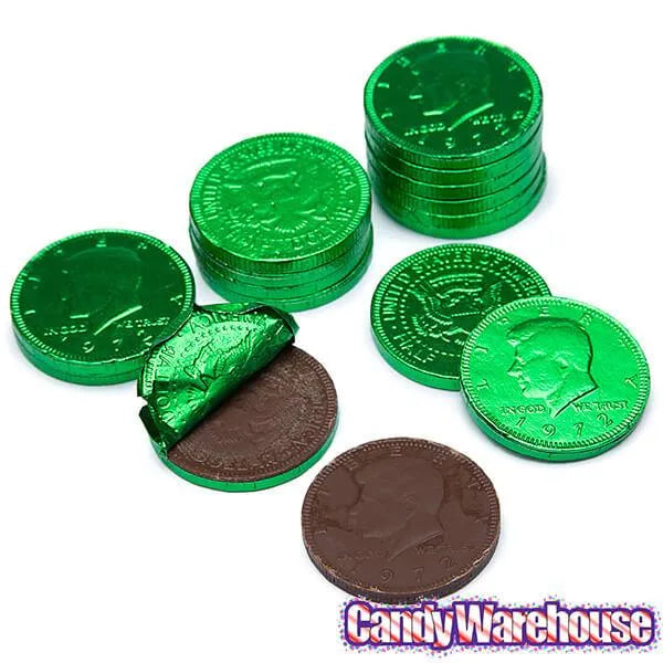 Green Foiled Milk Chocolate Coins: 1LB Bag