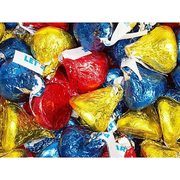 Hershey's Kisses Red, Dark Blue & Yellow Foiled Party Milk Chocolate Candy: 3LB Bag