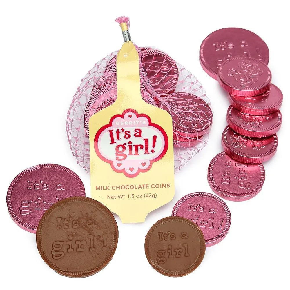 It's a Girl Foiled Chocolate Coins in Mesh Bags: 18-Piece Box