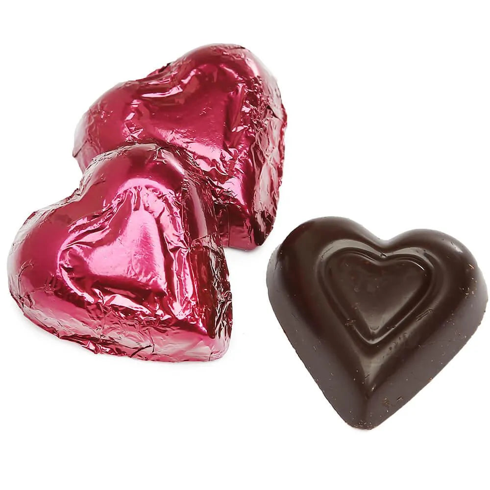 Madelaine Burgundy Foiled High Cocoa Content Dark Chocolate Hearts: 5LB Bag