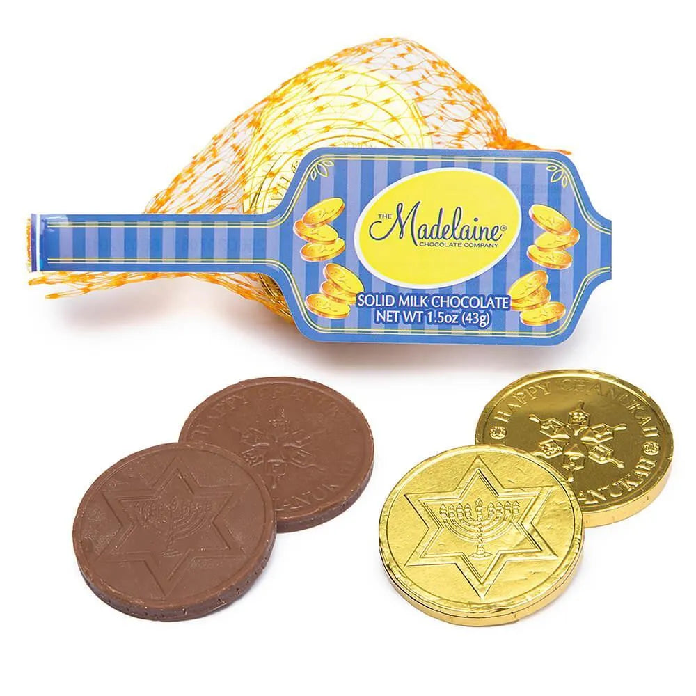 Madelaine Chanukah Gelt Gold Foiled Milk Chocolate Coins in Mesh Bags: 24-Piece Tub