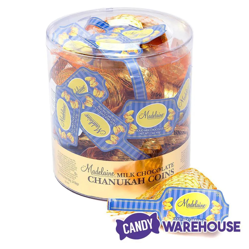 Madelaine Chanukah Gelt Gold Foiled Milk Chocolate Coins in Mesh Bags: 24-Piece Tub