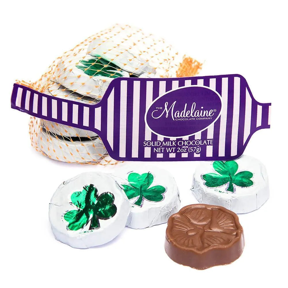 Madelaine Foiled Milk Chocolate Clover Discs 2-Ounce Mesh Bags: 20-Piece Tub