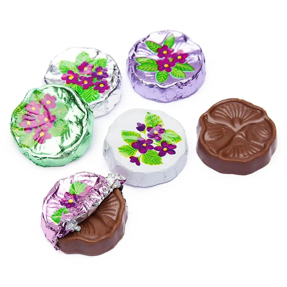 Madelaine Foiled Milk Chocolate Flower Wafers - Violets: 5LB Bag