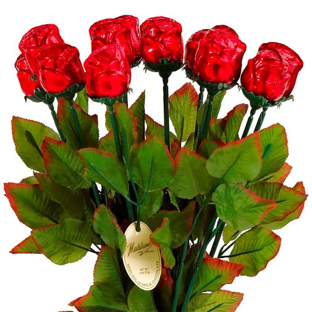 Madelaine Foiled Milk Chocolate Long Stem Roses - Red: 12-Piece Bunch