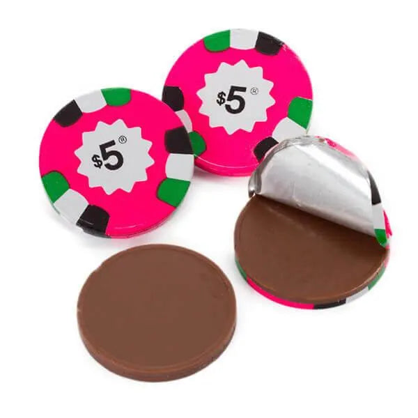 Madelaine Foiled Milk Chocolate Poker Chips - $5 Pink: 5LB Bag