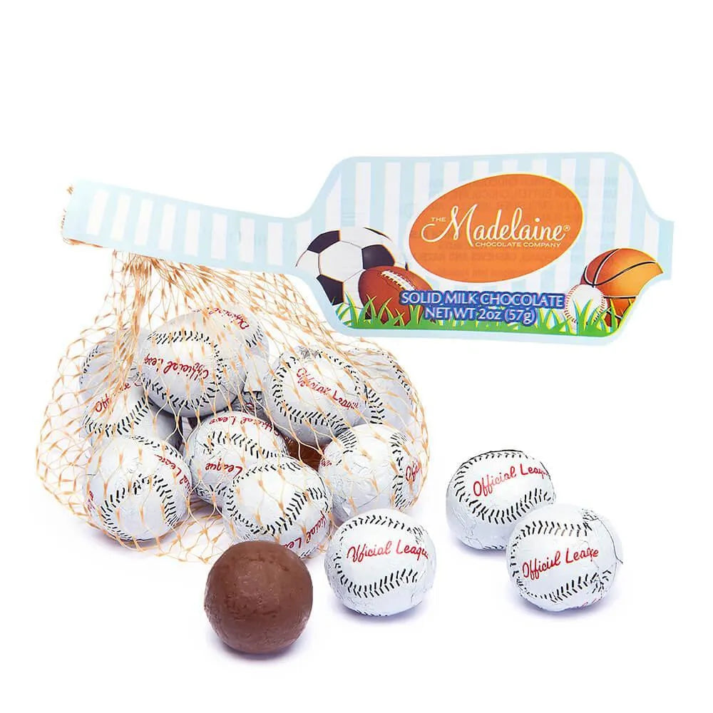 Madelaine Foiled Milk Chocolate Sports Balls 2-Ounce Mesh Bags - Baseball: 24-Piece Tub