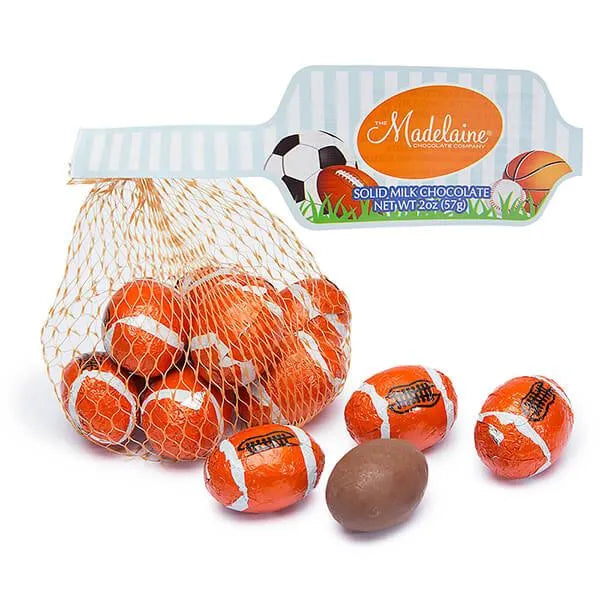 Madelaine Foiled Milk Chocolate Sports Balls 2-Ounce Mesh Bags - Football: 24-Piece Tub