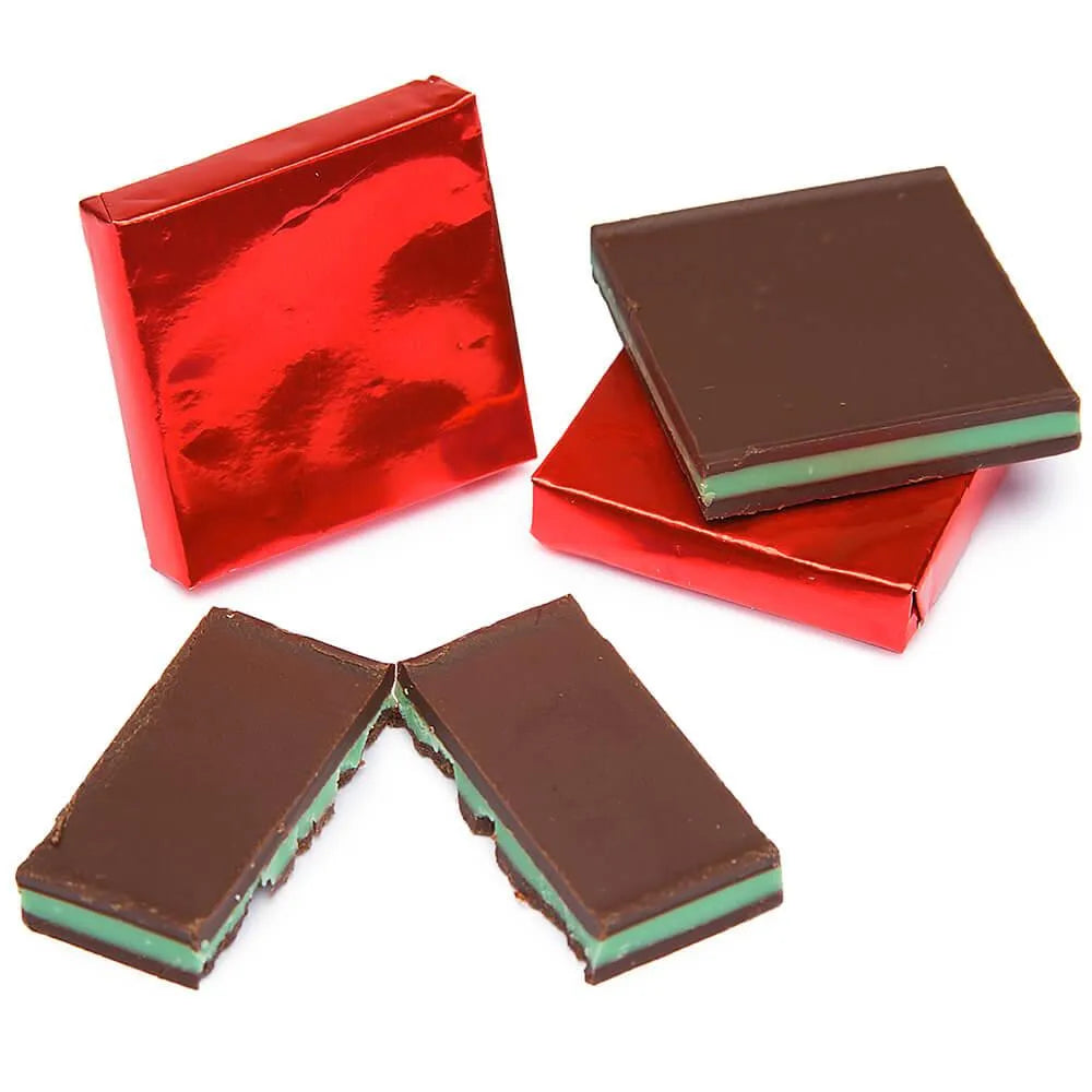 Madelaine Red Foiled Mint Dark Chocolate Squares: 5LB Box