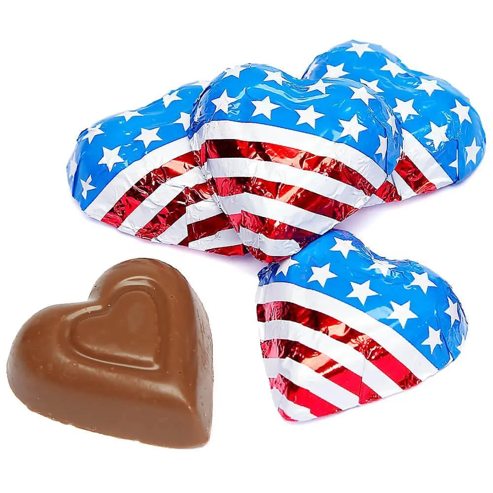 Madelaine USA Flag Foiled Milk Chocolate Hearts: 5LB Box