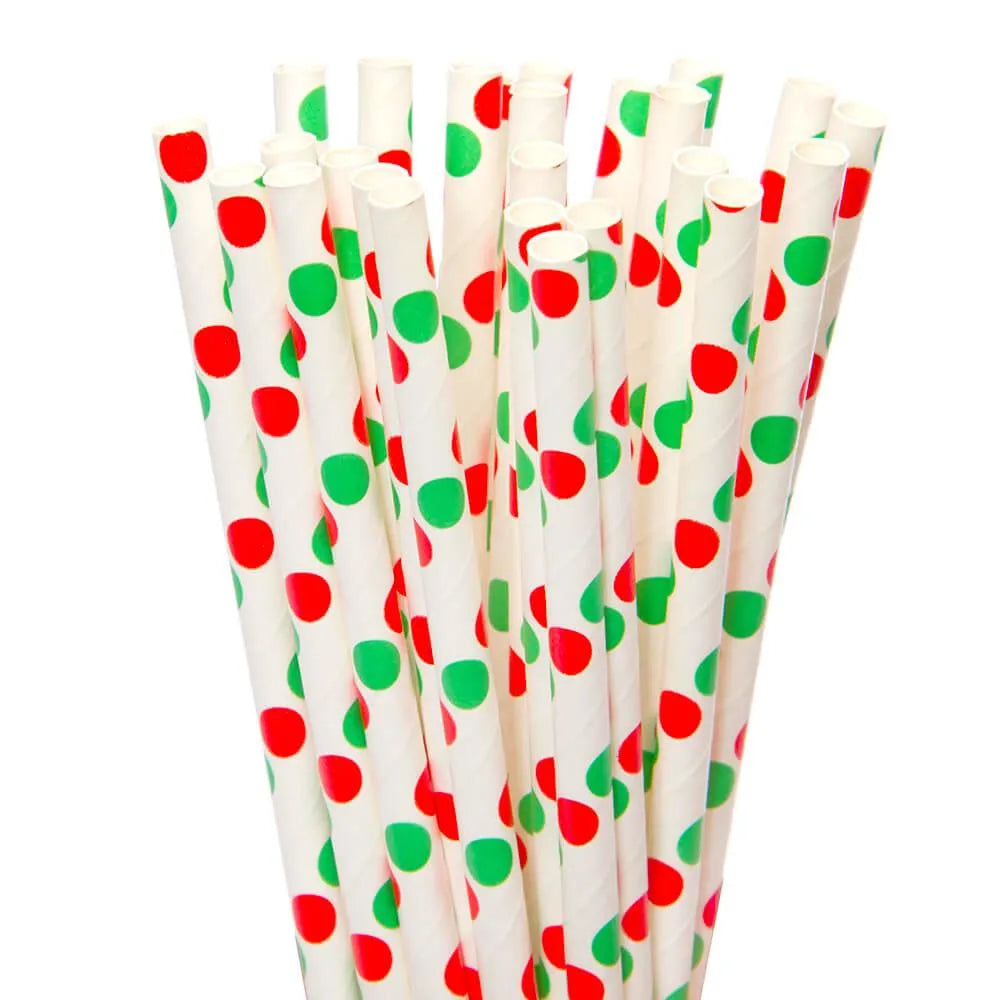 Paper 7.75-Inch Drinking Straws - Christmas Red and Green Polka Dots: 25-Piece Pack