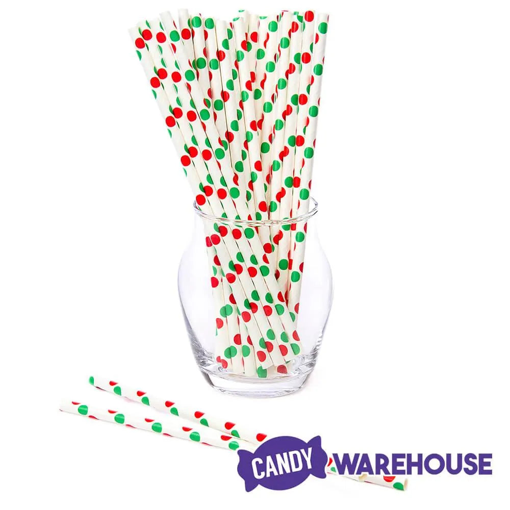 Paper 7.75-Inch Drinking Straws - Christmas Red and Green Polka Dots: 25-Piece Pack