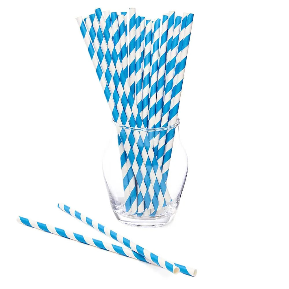 Paper 7.75-Inch Drinking Straws - European Blue Stripes: 25-Piece Pack