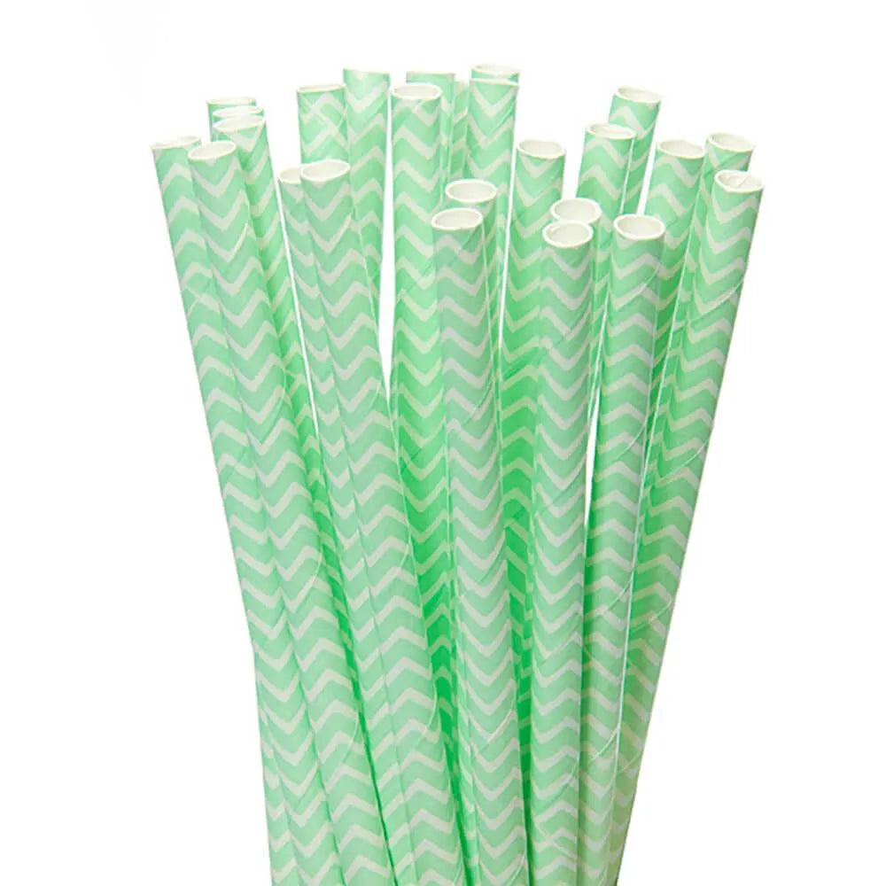 Paper 7.75-Inch Drinking Straws - Mint Green Chevron Stripes: 25-Piece Pack