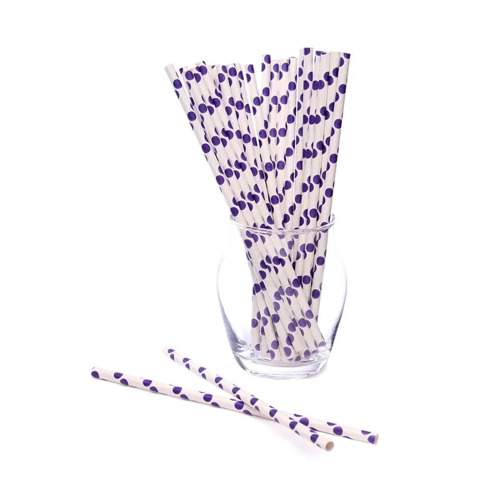 Paper 7.75-Inch Drinking Straws - Purple Polka Dots: 25-Piece Pack