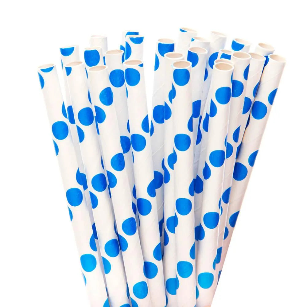 Paper 7.75-Inch Drinking Straws - Royal Blue Polka Dots: 25-Piece Pack