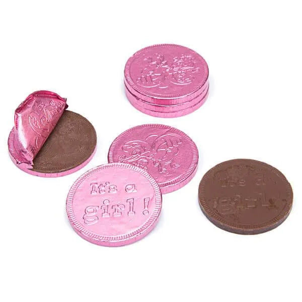 Pink Foiled Baby Girl Milk Chocolate Coins: 1LB Bag