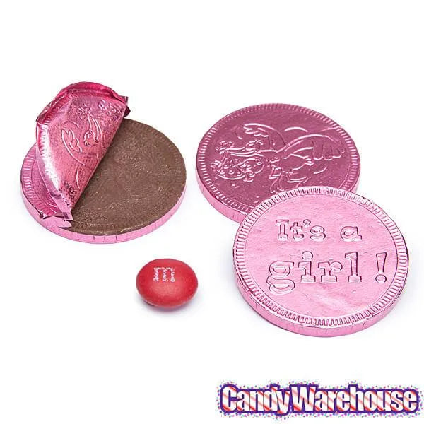 Pink Foiled Baby Girl Milk Chocolate Coins: 1LB Bag