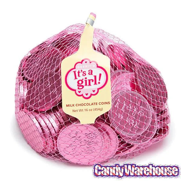 Pink Foiled Baby Girl Milk Chocolate Coins: 1LB Bag