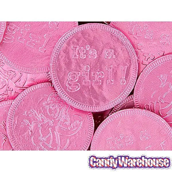 Pink Foiled Baby Girl Milk Chocolate Coins: 1LB Bag