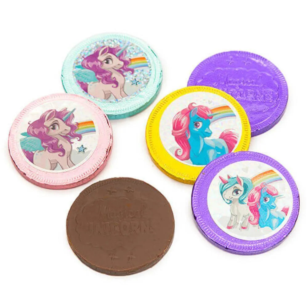 Rainbow Pony Unicorn Foiled Milk Chocolate Coins in Mesh Bags: 18-Piece Box