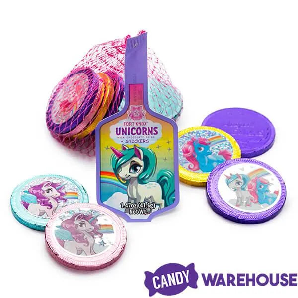 Rainbow Pony Unicorn Foiled Milk Chocolate Coins in Mesh Bags: 18-Piece Box