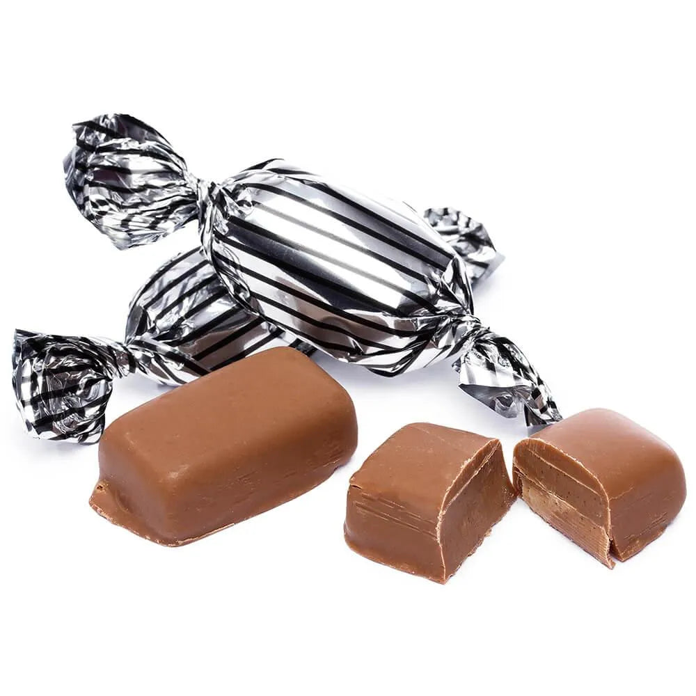 Silver with Black Stripes Wrapped Mocha Chocolate Meltaways: 1LB Bag