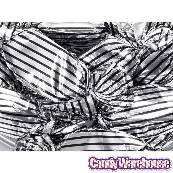 Silver with Black Stripes Wrapped Mocha Chocolate Meltaways: 1LB Bag