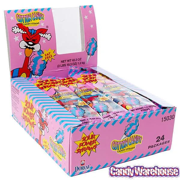 Sour Power Straws Cotton Candy Packs: 24-Piece Box