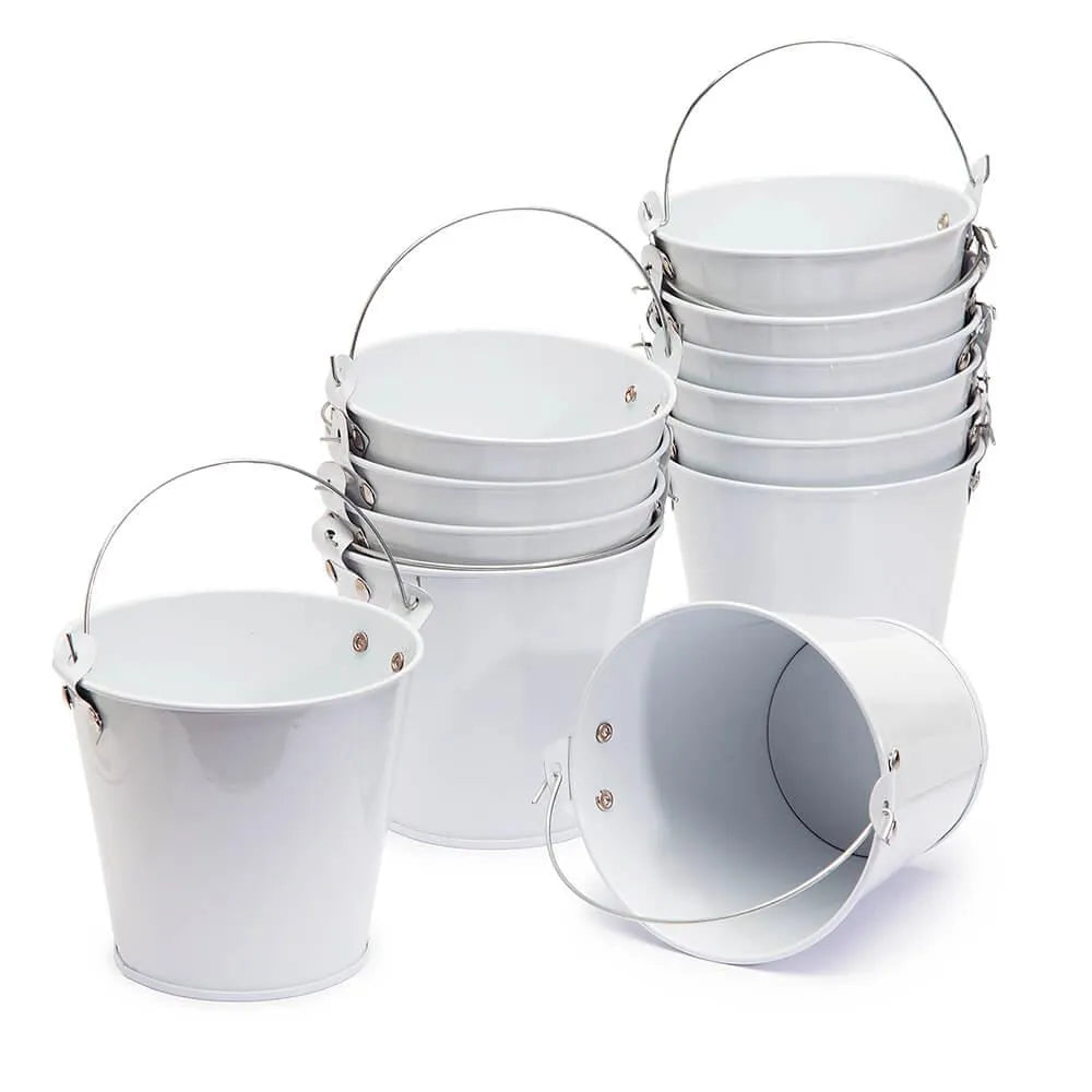 White Tinplate Pails with Handles: 12-Piece Set