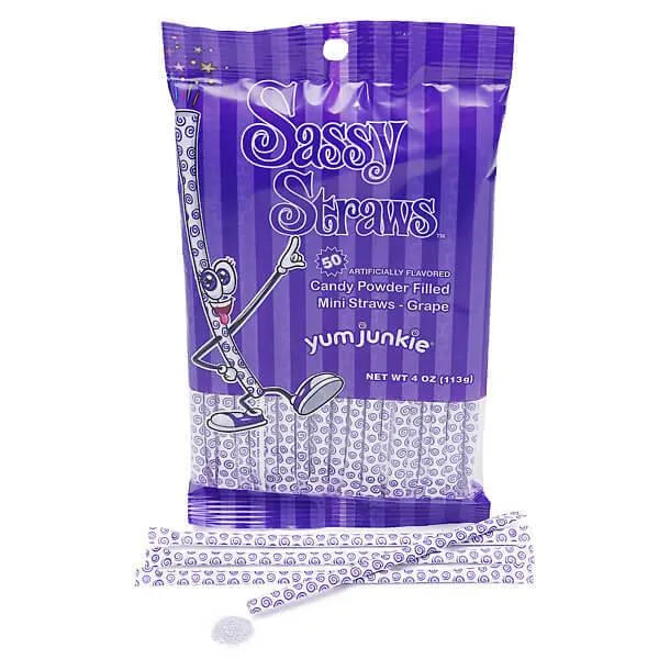 YumJunkie Sassy Straws Candy Powder Filled Mini Straws - Grape: 50-Piece Bag