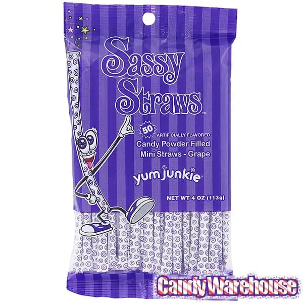 YumJunkie Sassy Straws Candy Powder Filled Mini Straws - Grape: 50-Piece Bag