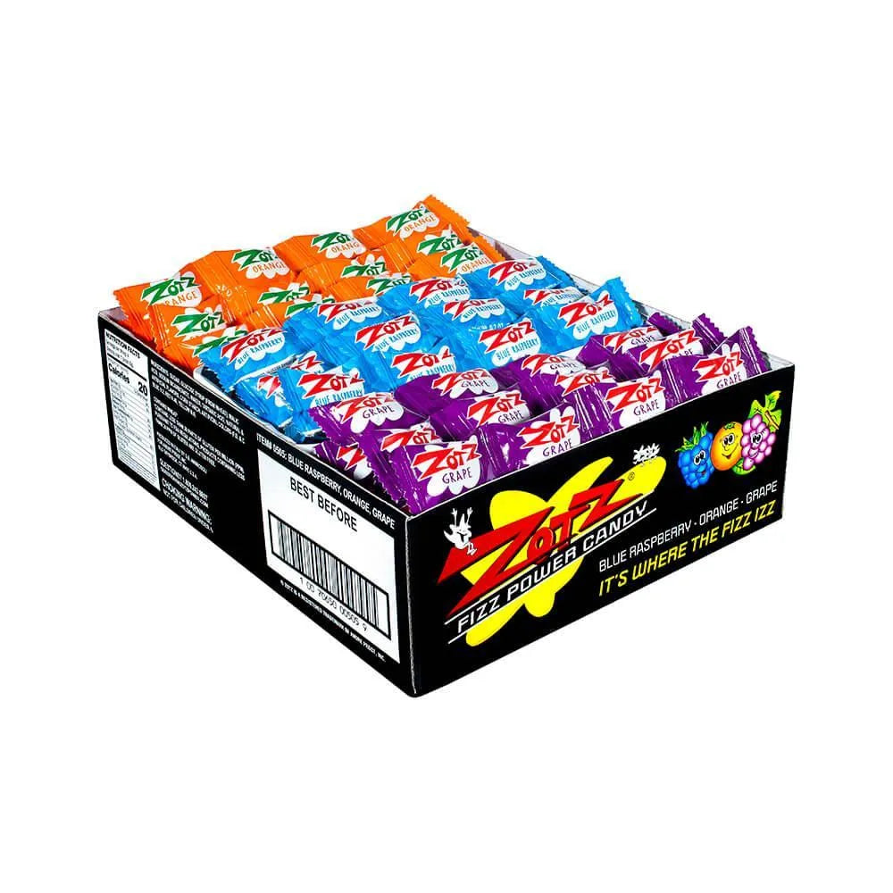 Zotz Sour Candy Fizz Strings - Blue Raspberry, Orange, Grape: 48-Piece Display